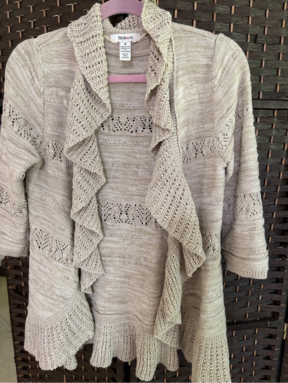 Style & Co. Beige Ruffle Open-Front Knit Cardigan